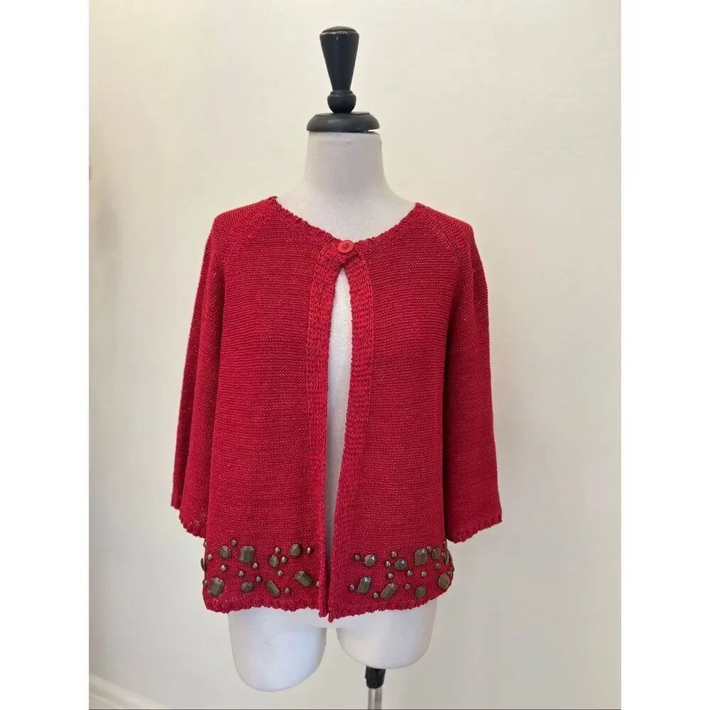 WD.NY Women's Knit Beaded Embellished One-Button Cardigan Sweater Red Size Large